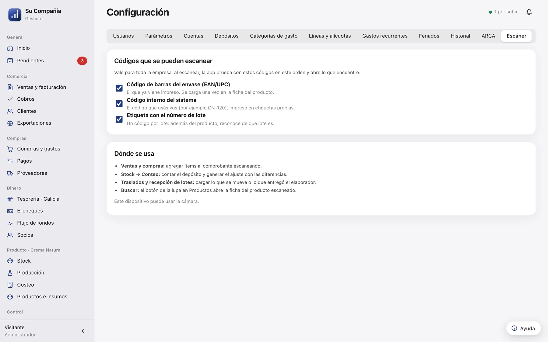 Configuración del escáner: código de barras del envase, código interno del sistema y etiqueta con el número de lote.