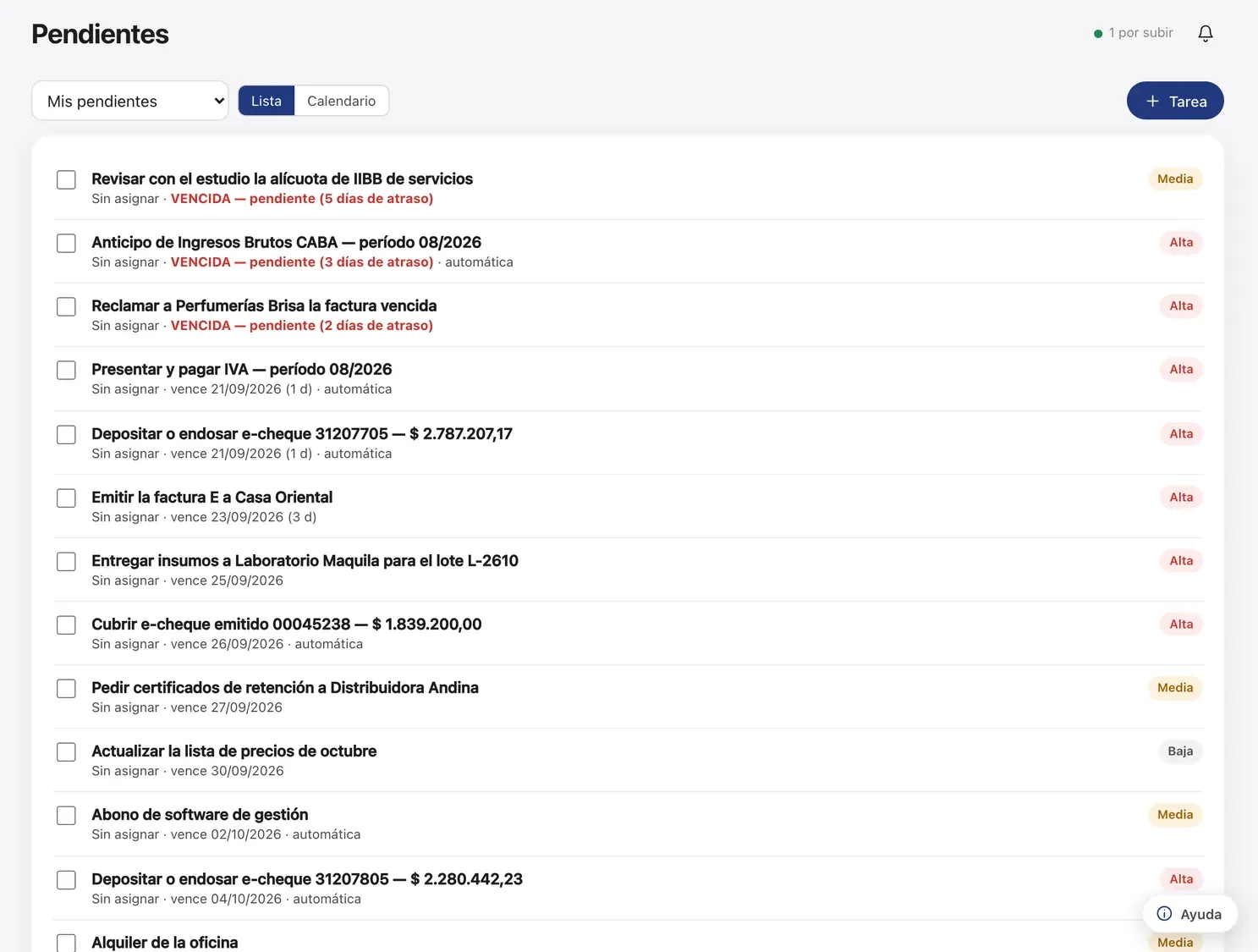 Pendientes con responsables y vencimientos.