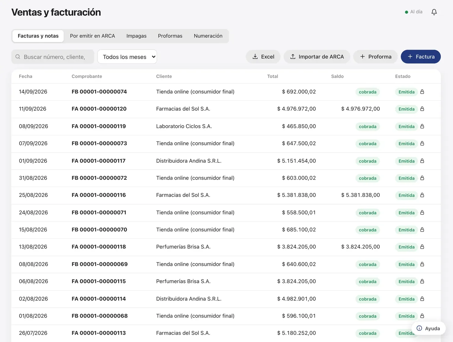 Listado de ventas y facturación con las solapas Facturas y notas, Por emitir en ARCA, Impagas, Proformas y Numeración.