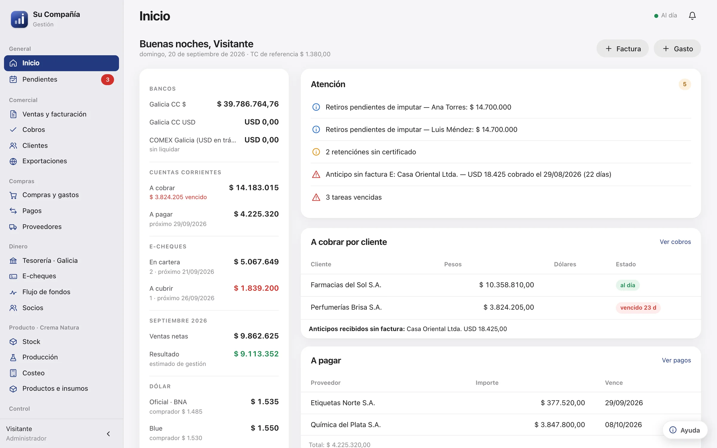 Pantalla de inicio del sistema: saldos de los bancos, cuentas corrientes, e-cheques, resultado del mes y avisos.