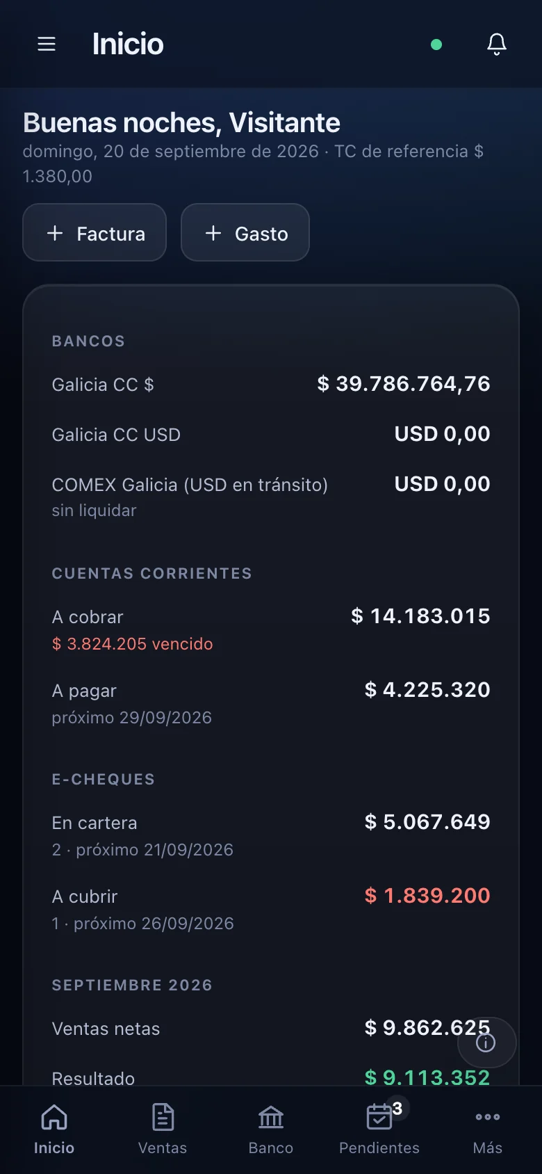 El tablero de inicio en el teléfono, en modo oscuro.