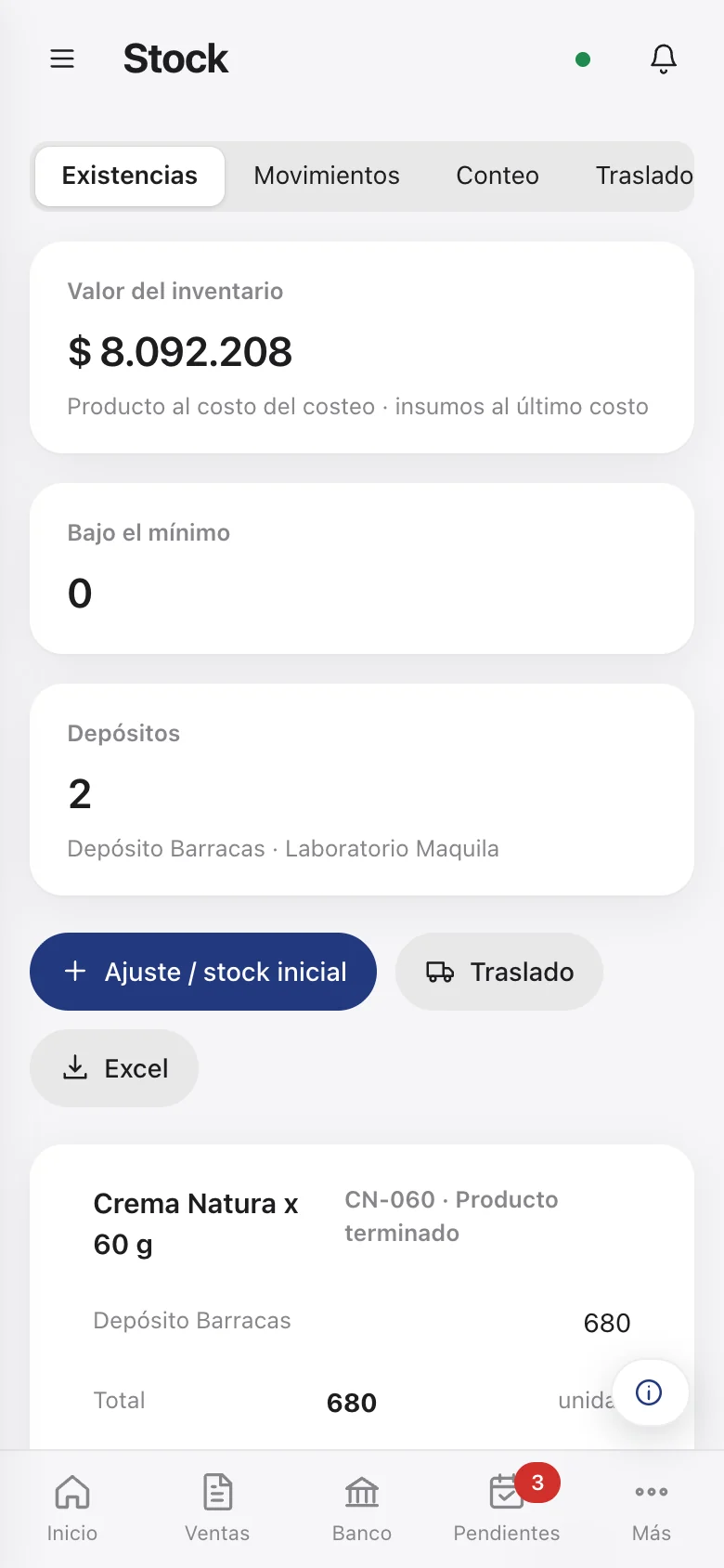 Pantalla de stock en el teléfono, con las existencias por producto y lote.