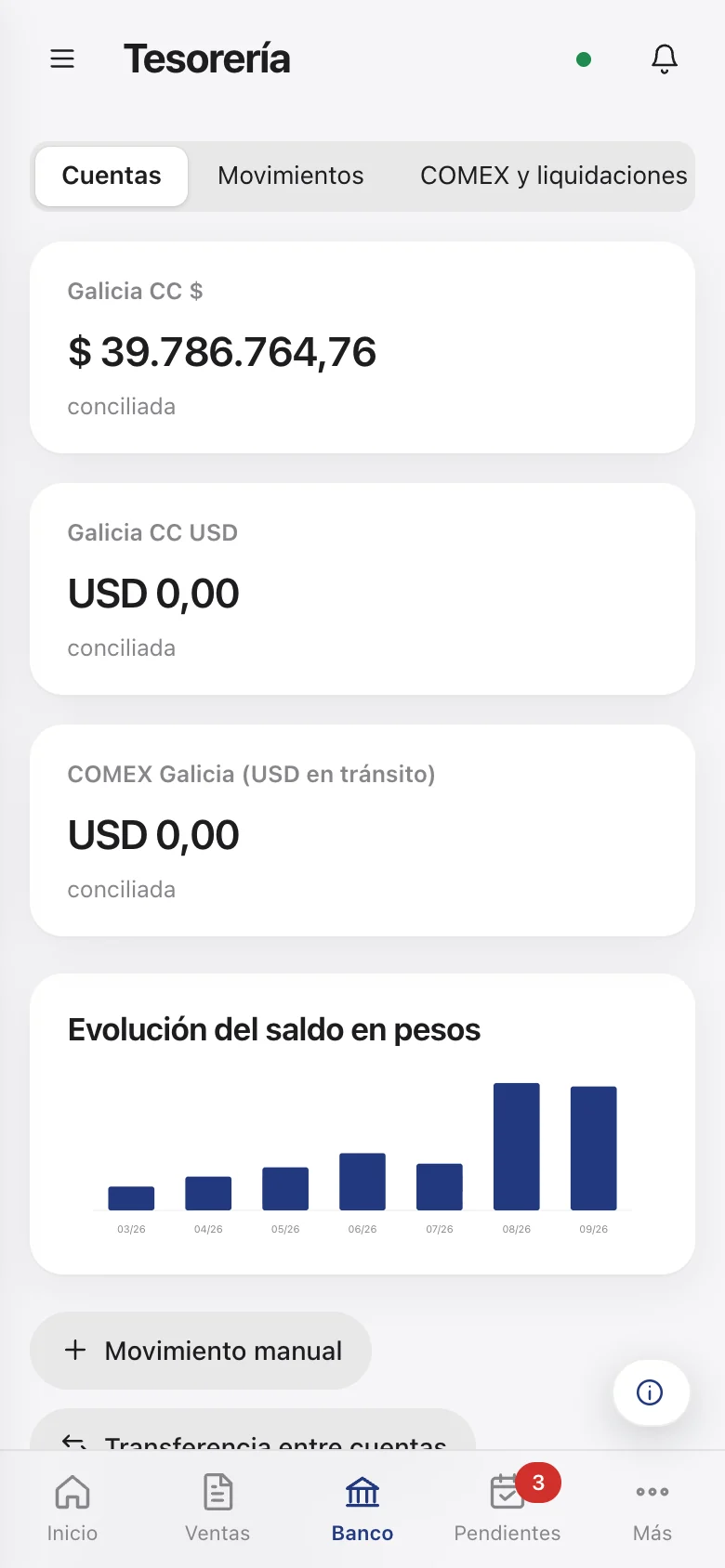 Tesorería en el teléfono, con los movimientos de la cuenta.