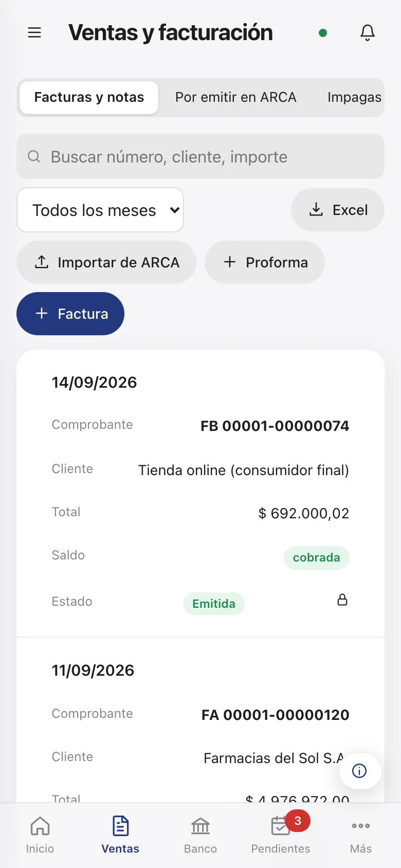 Listado de facturas en el teléfono.
